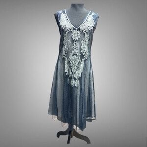 Solitaire Navy Blue Mesh Midi Dress with Gray Lace Appliqué Size Large